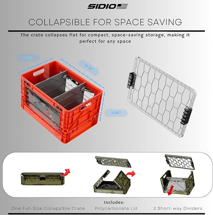 SIDIO Full-Size Collapsible Crate - Heavy Duty Stackable Storage Bin with Lid & 2 Short-Ways Dividers, Durable Plastic Organizer for Home, Office, Garage & Outdoor Use (Slime)