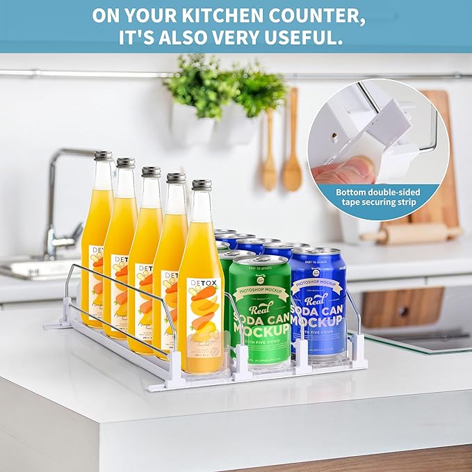 Drink Organizer for Fridge, Upgrade self locking push buttonfor Soda Can Dispenser for Refrigerator, Automatic Pusher Glide and Adjustable Width Can Fridge Organizer Hold up to 15 Cans 3 Rows