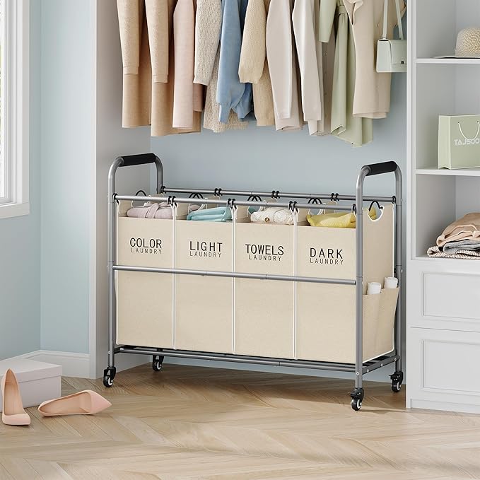 Tajsoon 4 Bag Laundry Sorter Cart, 4 Section Laundry Hamper Sorter with Heavy Duty Lockable Rolling Wheels, Laundry Separator Hamper with Removable Bags for Dirty Clothes Storage, Beige
