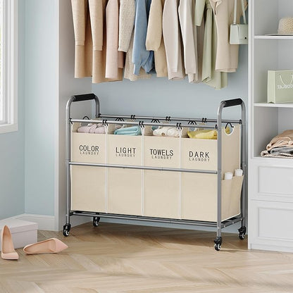 Tajsoon 4 Bag Laundry Sorter Cart, 4 Section Laundry Hamper Sorter with Heavy Duty Lockable Rolling Wheels, Laundry Separator Hamper with Removable Bags for Dirty Clothes Storage, Beige