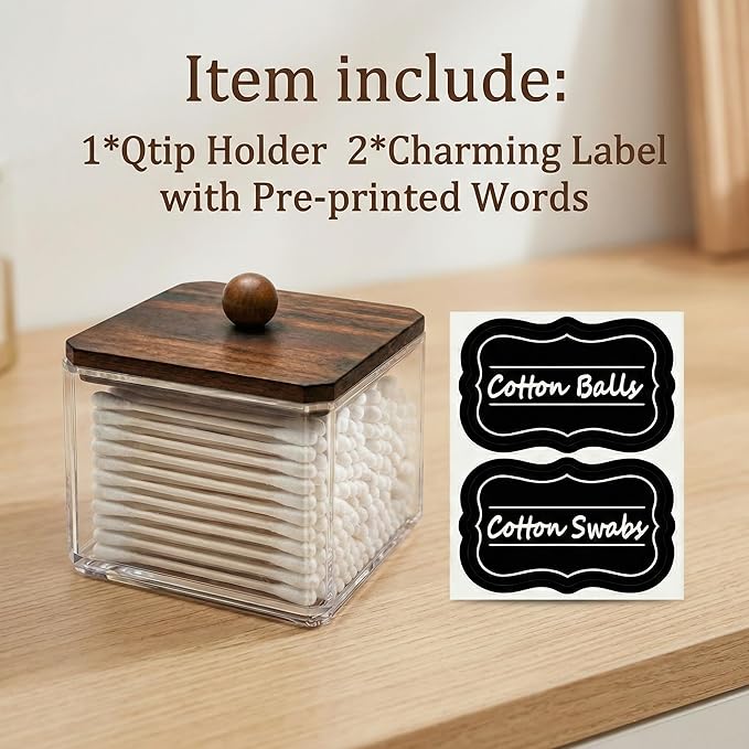 SheeChung Qtip Holder for Bathroom - Walnut Wood Lid Acrylic Cotton Swab Dispenser, Clear Apothecary Jar for Cotton Balls, Pads, Flossers, Farmhouse Vanity Storage Organizer (1 pack)
