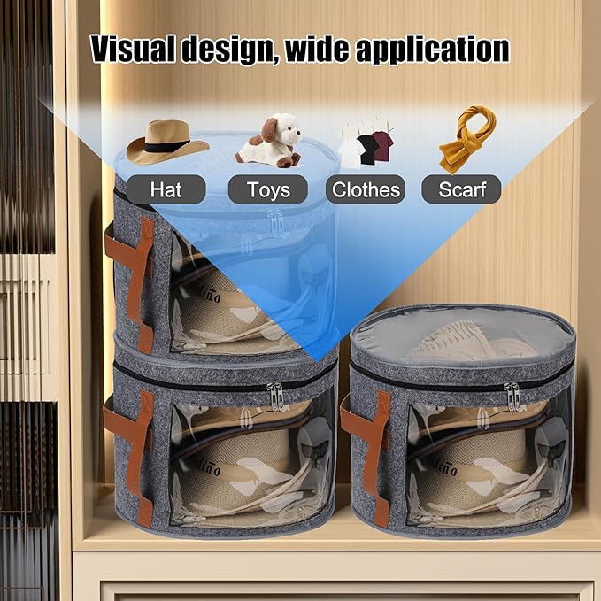 Veki Hat Organizer, Hat Box for Women Storage, Large Clear Felt Hats Box, Wide Brim Cowboy Hats Storage Boxes for Men, Round Brim Cap Boxes With Dustproof Lid for Travel and Wardrobe (Grey)