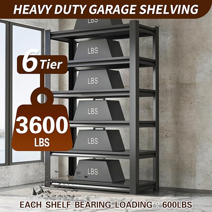 83" Garage Shelving Units and Storage 6 Tier,Heavy Duty Metal Shelves Adjustable,3600lbs Garage Storage Shelves,Sturdy Steel Utility Rack Industrial Tool Shelf for Basement Shop