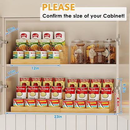 2-Pack Expandable Bamboo Can Rack Organizer for Pantry Display, 3-Tier Adjustable Can Storage Holder, Soda & Canned Food Organizer for Cabinets & Countertops, Holds Up to 48 Cans (Patent Pending)