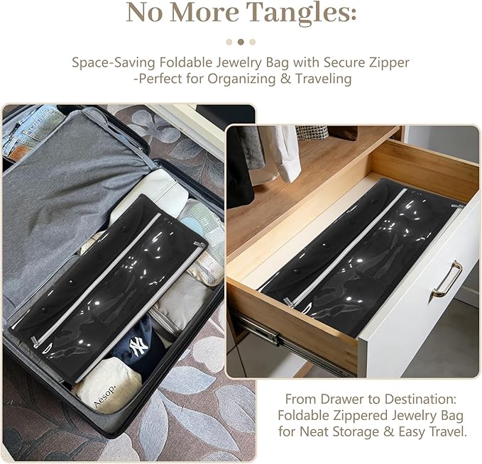 Bloss Hanging Jewelry Organizer, Black Earring Travel Storage Holder with 36 Zippered Pockets for Suitcase, Closet, Foldable Roll Case