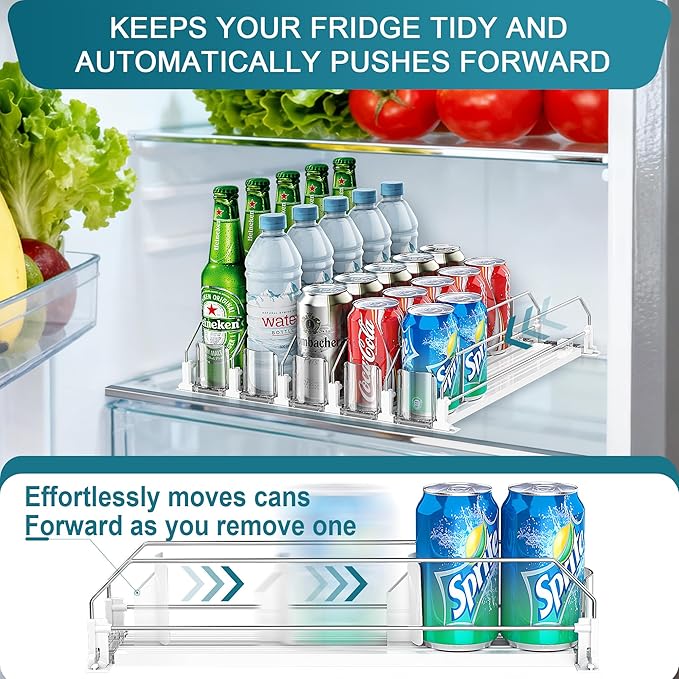 Upgraded Drink Organizer for Fridge, Space-Saving Fridge Drink Organizer, Automatic Pusher Glide and Adjustable Width Drink Dispenser for Fridge - Holds Up to 25 Cans (5 Rows White)