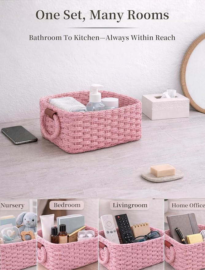 Storage Basket, Recycled Paper Rope Bathroom Basket Organizer, 3Pcs Small Baskets for Organizing, Mini wicker Basket for Decorative Storage Bins, Shelves, Bathroom, Cabinet - Pink