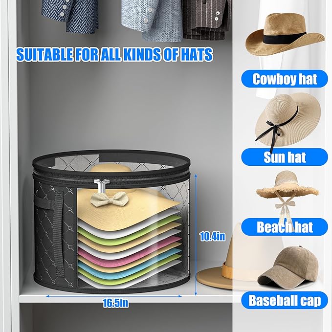 Veki 2pack Clear Hat Organizer for Closet, Hat Boxes for Women Storage With Dustproof Lids, Hat Box for Travel and Storage, Cowboy Hat, Stackable Round Brim Hats Organizer Bag Container (Black)