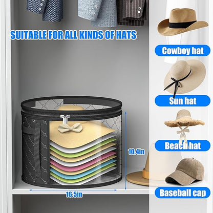 Veki 2pack Clear Hat Organizer for Closet, Hat Boxes for Women Storage With Dustproof Lids, Hat Box for Travel and Storage, Cowboy Hat, Stackable Round Brim Hats Organizer Bag Container (Black)