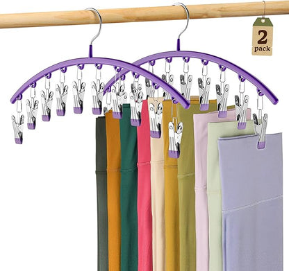 Legging Organizer for Closet, Metal Yoga Pants Hanger w/Rubber Coated 2 Pack w/10 Clips Hold 20 Leggings, Hangers Space Saving Hanging Hangers for Closet Organizers and Storage-Purple