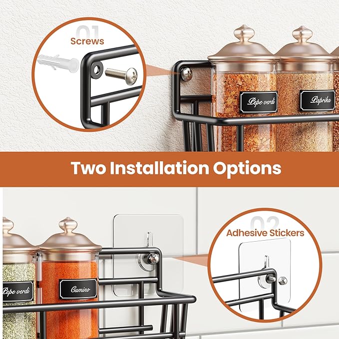 Mystozer Spice Rack Organizer Wall Mount, Hanging Spice Pantry Storage Shelf Organization, 4 Pack Space Saving Seasoning Organizer for Kitchen Cabinet, Door or Bathroom, Black