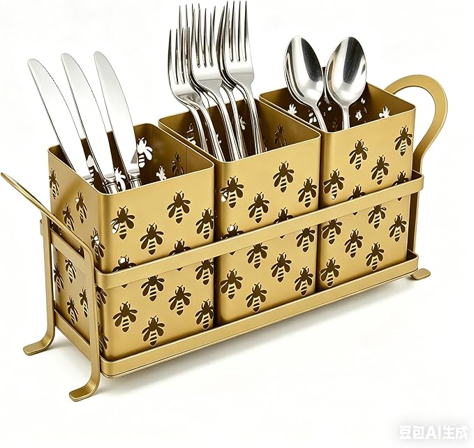 Silverware Caddy with Bee Design, 3 Compartment Metal Utensil Holder with Handles,Silverware Holder for Party Countertop, Kitchen, Outdoor, Cutlery Holder Organizer for Spoon Fork,Gold