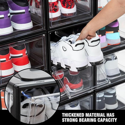 12 Pack Shoe Boxes, Clear Acrylic Plastic Shoe Boxes Stackable, Space-Saving Foldable Drop Front Shoe Storage Boxes Container for With Lids Fits Up to Size 15 (Dark Black)