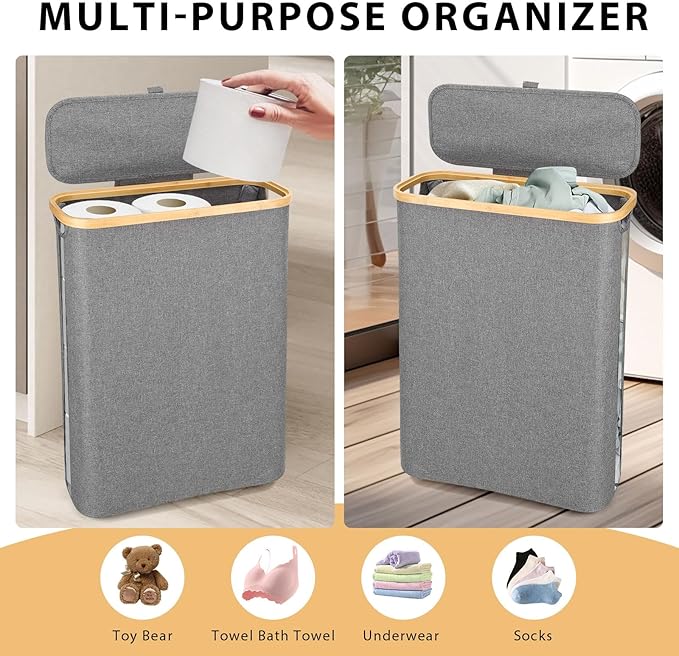 Odonata Large Toilet Paper Storage Basket with Lid, Slim Toilet Paper Organizer, Hold up to 20 Regular Rolls or 15 Mega Rolls. (Grey, 49L)