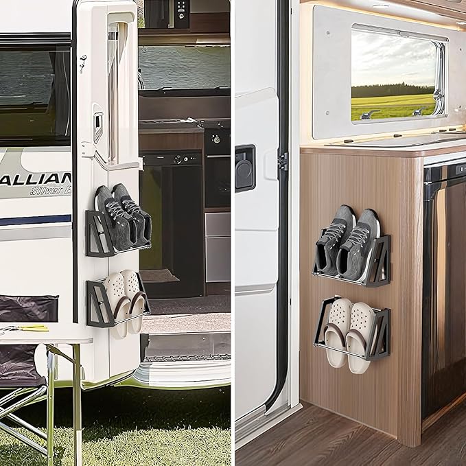 4 Pack Wall Mount Shoe Rack for RV Organization and Storage, Wall Shoe Storage Space Saving Organizer 4 Pairs of Shoes with Sticky Adhesive Strips Slim Shoe Rack for Camper Shoe Hanger Black
