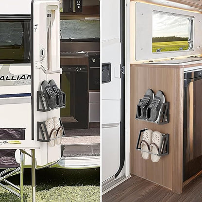 4 Pack Wall Mount Shoe Rack for RV Organization and Storage, Wall Shoe Storage Space Saving Organizer 4 Pairs of Shoes with Sticky Adhesive Strips Slim Shoe Rack for Camper Shoe Hanger Black