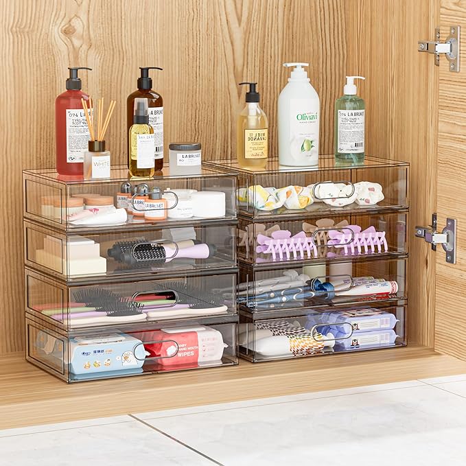 Clear Stackable Makeup Organizer with Drawer, 12''W Acrylic Storage Drawers, Cosmetic Display Case for Vanity Bathroom Countertop, Beauty Holder for Lipstick Brush Skincare Perfume (3 Tier)