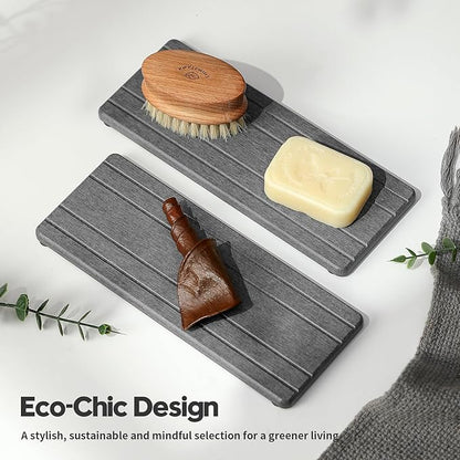 Razborci 2PCS Diatomite Quick Stone Drying Tray Mat For Bathroom & Kitchen Counter, Instant Dry Water Absorbent Drink Bar Coaster,Vanity Sink Caddy Organizer,Dish Soap Sponge Holder, Dark Gray,9"x3.5"