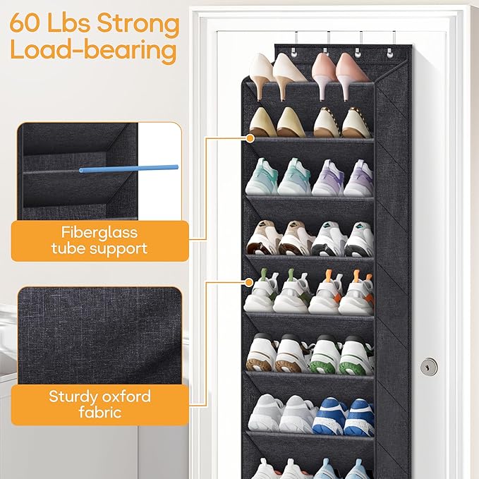 KIMBORA 10 Tier Over the Door Shoe Organizer with Large Pockets, Hanging Shoe Rack for Closet Door Storage, Fits 20 Pairs of Sneakers Boots Hanger Holder, Black