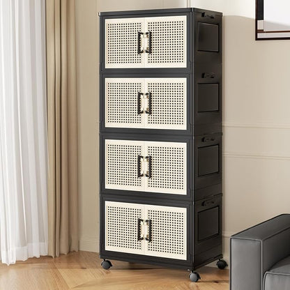 Storage Bins with Lids, Stackable Storage Containers with Lids, Collapsible Plastic Bins, Closet Organizers and Storage with Wheels and Magnetic Door for Home Office Dorm (4 Pack)