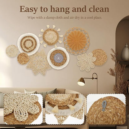 9 Pcs Boho Wall Basket Decor, Rattan Wicker Boho Wall Decor, Hanging Woven Basket Wall Decor, Round Handmade Wall Art for Living Room Bedroom Display Table Settings Home Christmas Decoration (Wood)