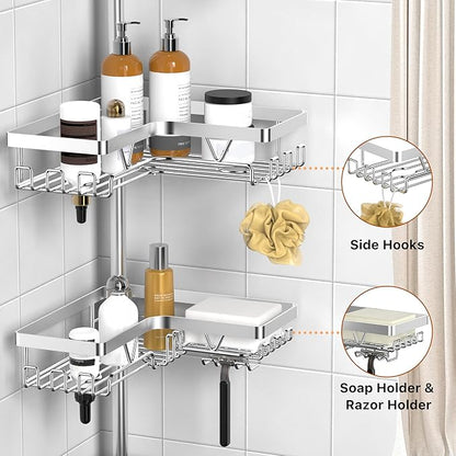 KEGII SUS304 Corner Shower Organizer, Stainless Steel Tension Pole Corner Bathroom Caddy, No Drilling Required Adjustable Shower Shelf for Inside Showers, Silver