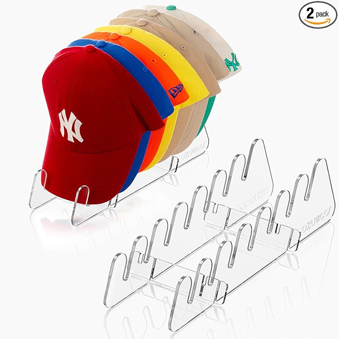 Ozueccr Baseball Hat Stand for Tabletop - 2 Pack, Adjustable Width, Holds Up to 14 Hats, 9mm Wide Brim Groove, Rounded Edges with Footpads, Cap Organizer for Closet, Dresser, Bedroom