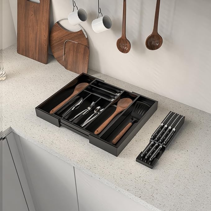 Bamboo Kitchen Drawer Organizer, Expandable Silverware Organizer with Removable Knife Block, 6-8 Slots- Utensil Holder & Cutlery Tray Drawer Dividers, 2.36" Deep for Extra Capacity, Black