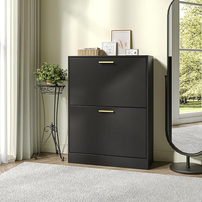 JOZZBY Shoe Cabinet Storage for Entryway, Freestanding Narrow Slim Shoe Organizer Cabinet with 2 Flip Drawers, Wooden Shoe Rack for Hallway, Living Room, Black1