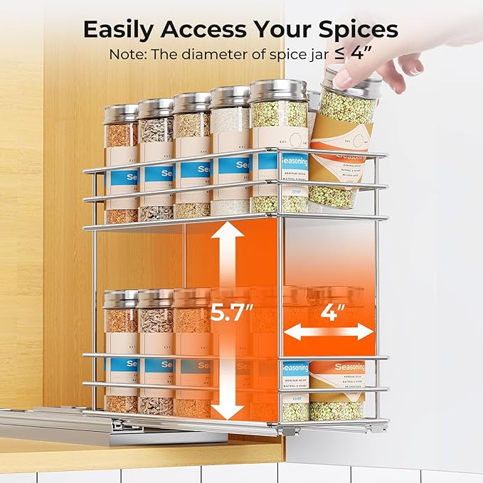 Mystozer Pull Out Spice Rack Organizer for Cabinet, Slide Out Spice Racks, Easy to Install, 4.33" Wx10.43 Dx8.66 H, 1 Drawer 2 Tiers(Silver)