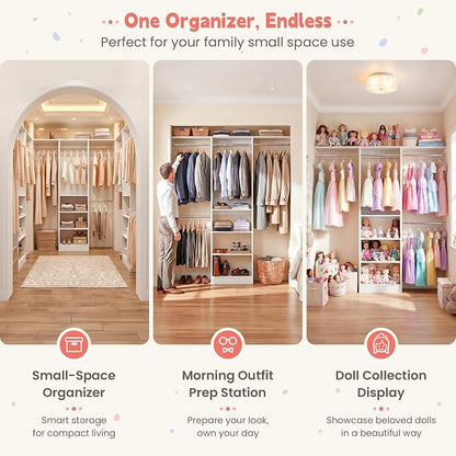 iSunirm 48" Small Closet System, Space-Saving Wall-Mounted Wardrobe Organizer, Mini Garment Rack for Narrow Spaces, Morning Outfit Prep Station & Nursery Dress-up Storage, White