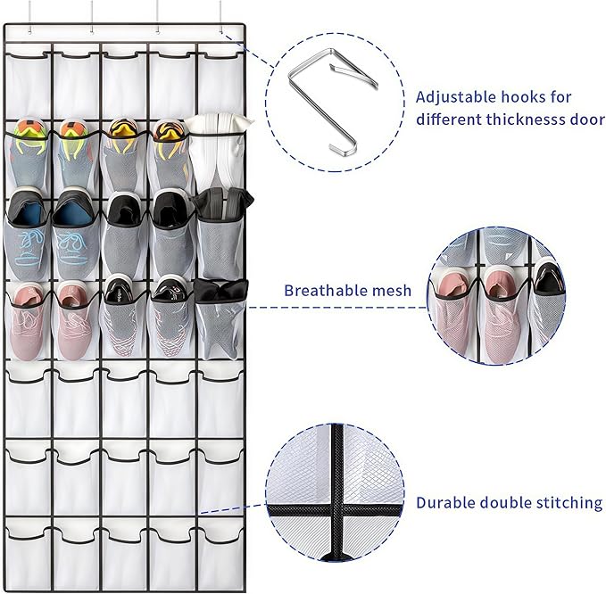 SAVERHO 35 Pockets Over the Door Shoe Organizer, Hanging Shoe Organizer for Door with 35 Mesh Pockets Large Capacity Shoe Hanging Storage Bag with 4 Metal Hooks (White-1Pack)