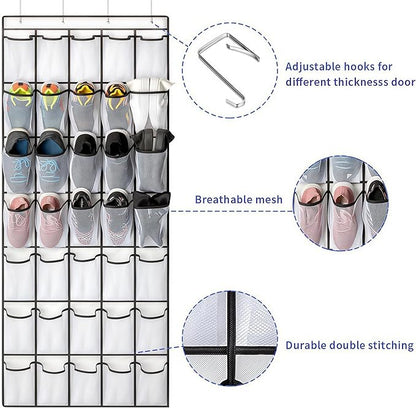 SAVERHO 35 Pockets Over the Door Shoe Organizer, Hanging Shoe Organizer for Door with 35 Mesh Pockets Large Capacity Shoe Hanging Storage Bag with 4 Metal Hooks (White-1Pack)