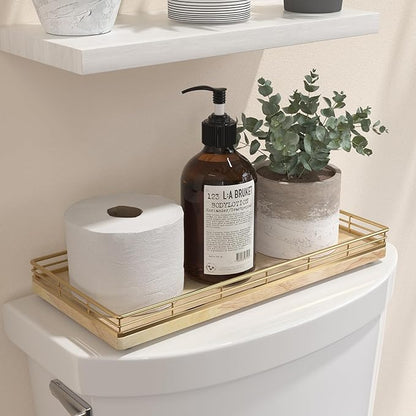 Oak Bathroom Toilet Tank Tray, 13" Wood Back of Toilet Paper Storage Tank Topper Basket, Vanity Tray for Perfume Makeup Candle Toiletry Organizer for Kitchen Coffee Table Natural Tray Decor
