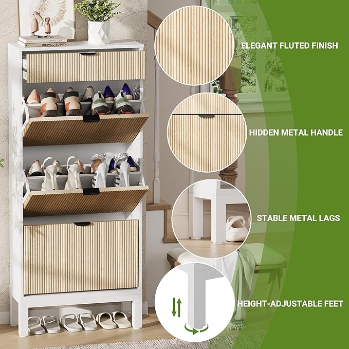 IDEALHOUSE Shoe Storage Cabinet with 3 Flip Drawers, Farmhouse Fluted Shoe Organizer with Metal Legs, Freestanding Hidden Slim Narrow Shoe Rack for Entryway, Foyer, Hallway
