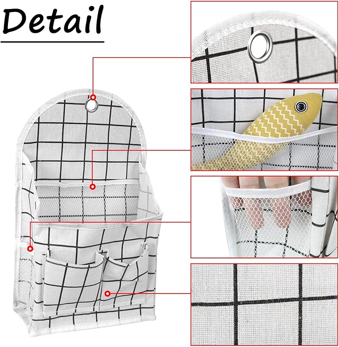 FuninCrea Wall Hanging Storage Bag, Black and White Checkered Linen Organizer Wall Mounted Punch-Free Over The Door Storage Pouch with 6 Storage Pockets and 1 Hanging Hook (White)