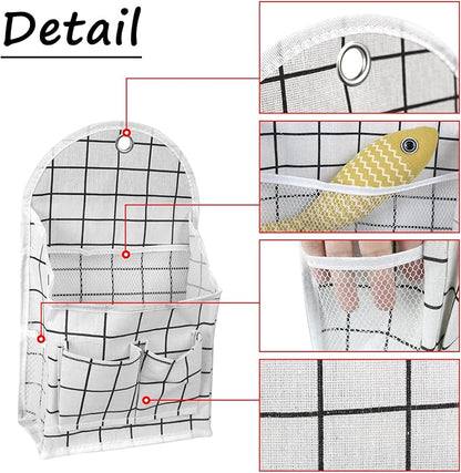 FuninCrea Wall Hanging Storage Bag, Black and White Checkered Linen Organizer Wall Mounted Punch-Free Over The Door Storage Pouch with 6 Storage Pockets and 1 Hanging Hook (White)