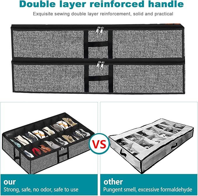 Under Bed Shoe Storage Organizer for Closet 2 Pack Fits 32 Pairs Underbed Shoes Container Boxes with Sturdy H-Handles, Foldable Shoe Rack Holder,Black