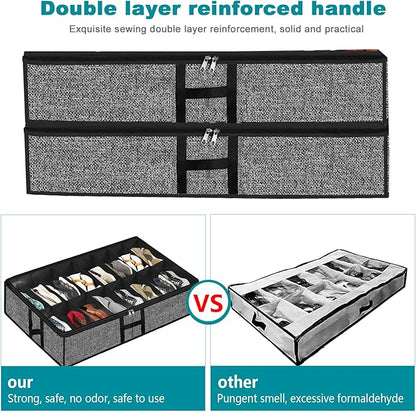 Under Bed Shoe Storage Organizer for Closet 2 Pack Fits 32 Pairs Underbed Shoes Container Boxes with Sturdy H-Handles, Foldable Shoe Rack Holder,Black