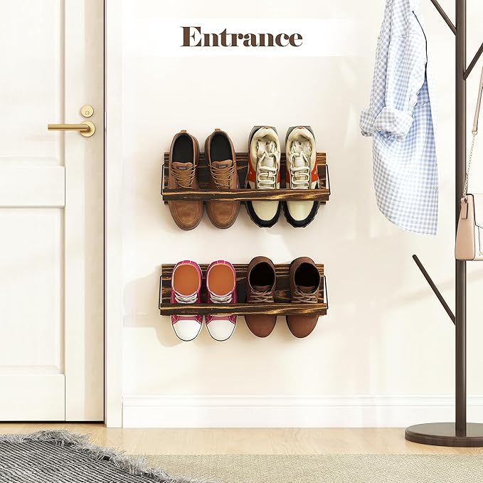 Nisorpa 20 Inches Wall Mounted Shoe Rack, Rustic Burnt Wood Wall Shoe Rack Mounted Slim, and Small Space Saving Shoe Storage Solution for Shoes in Narrow Spaces, Entryways, or Hallways, 2 Pack