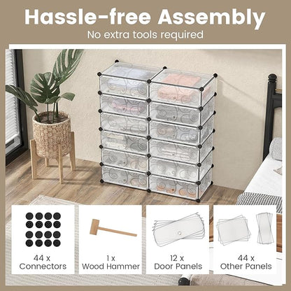 COSTWAY Shoe Rack Organizer, 6 Tier Shoe Shelves with Covers, DIY Design, 24-Pair Stackable Cube Organizer Boxes, Freestanding Shoe Cabinet for Entryway Bedroom Closet Hallway (White)