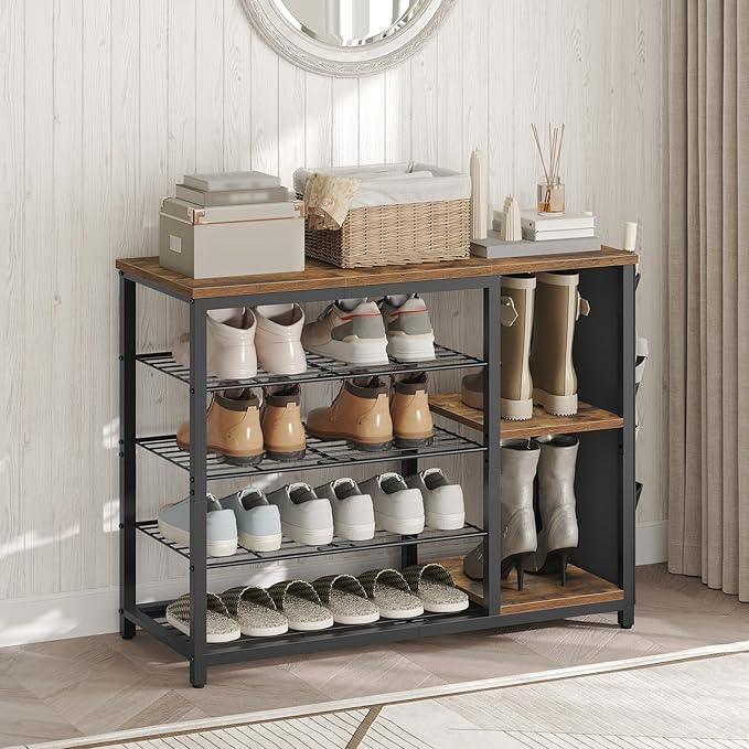 YATINEY Industrial 5-Tier Shoe Rack, Metal Shoe Storage Organizer with Side Oxford Pocket, Entryway Heavy Duty Shoe Shelf for Small Spaces, Entryway, Hallway, Rustic Brown and Black SS84BR