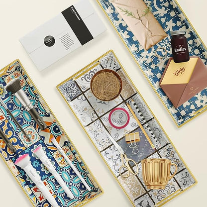 Bathroom Vanity Tray for Countertop, Small Plastic Toilet Tank Tray Versatile Storage & Organization Tray for Makeup, Perfume, Desk, Kitchen, Candles, 13.7"x6"x1.4", 35Boho2