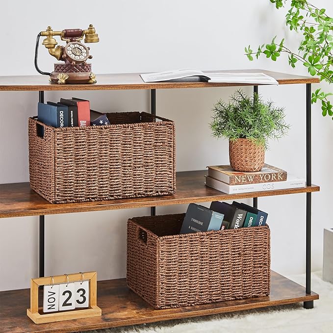 Vagusicc Wicker Storage Basket, Set of 2 Hand-Woven Paper Rope Wicker Basket, Small Storage Baskets for Organizing Toilet Paper Basket, Foldable Large Cube Storage Organizer Bins for Shelves (Brown)
