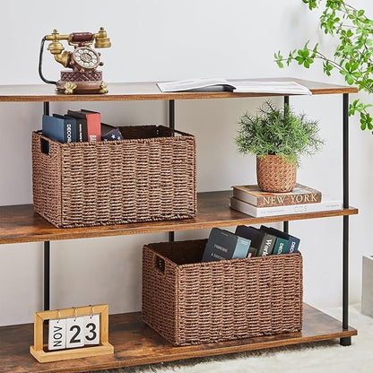Vagusicc Wicker Storage Basket, Set of 2 Hand-Woven Paper Rope Wicker Basket, Small Storage Baskets for Organizing Toilet Paper, Foldable Large Cube Storage Organizer Baskets Bin for Shelves (Brown)