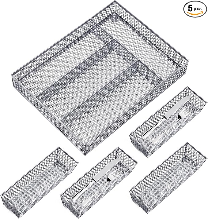 Neudeco Drawer Organizer Set 5 Pack - 4-Compartment Silverware Organizer Tray + 4 Utensil Trays, Kitchen Drawer Organizer for Flatware, Cutlery, Office Supplies, Silver Mesh, Non-Slip,Silver