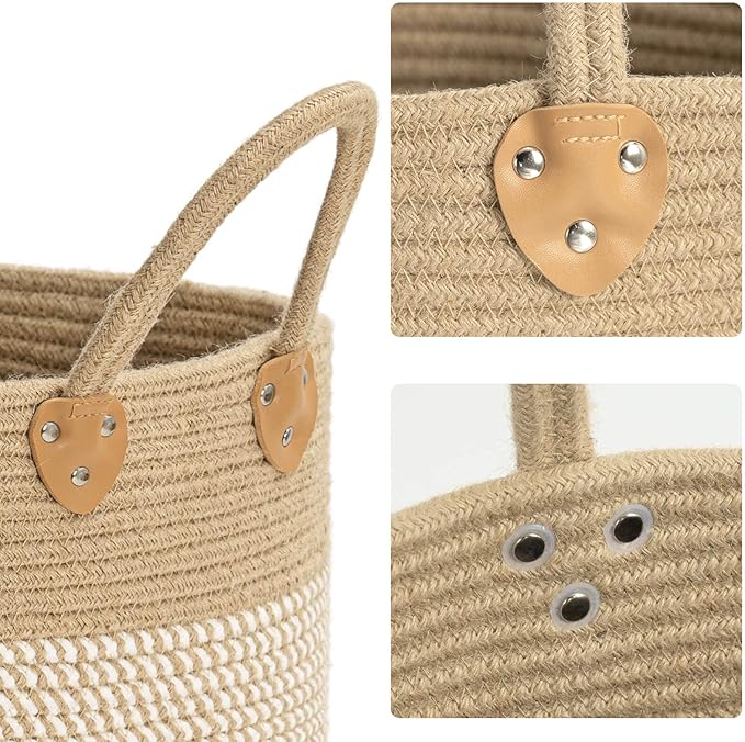 CHICVITA Large Wicker Jute Woven Storage Basket with Handles – Blanket Laundry Basket for Toys Towels Home Decor, White, 14" x 14" x 12"