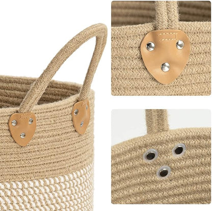 CHICVITA Large Wicker Jute Woven Storage Basket with Handles – Blanket Laundry Basket for Toys Towels Home Decor, White, 14" x 14" x 12"