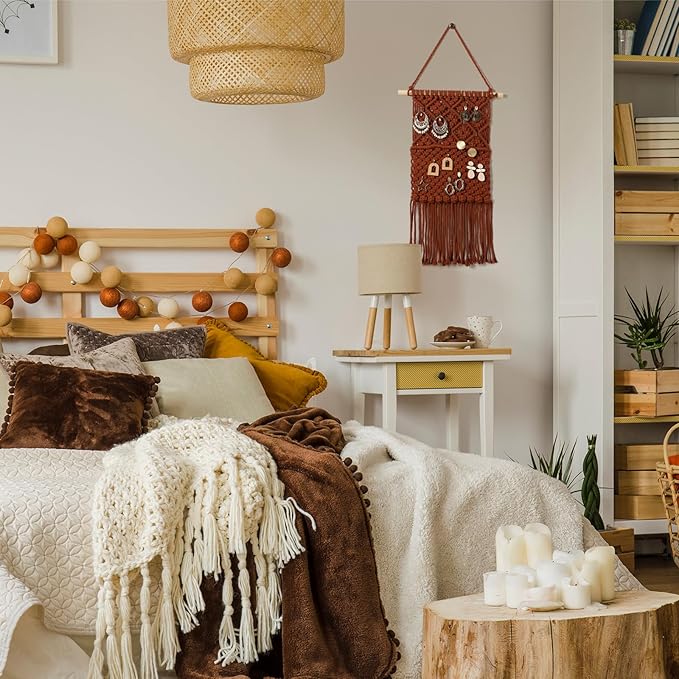 Macrame Jewelry Holder Rustic Boho Earring Organizer Display Crochet Weave Tapestry Wall Hanging Earring Holder Minimalist Vintage Decor Tassel for Women Girls Gift Bedroom Living Room Decor