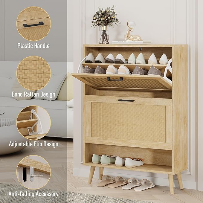 Gadroad Shoe Storage Cabinet with 2 Flip Drawers, Freestanding Shoe Organizer with Wood Legs, Farmhouse Rattan Shoe Rack for Entryway, Living Room, and Bedroom, Natural